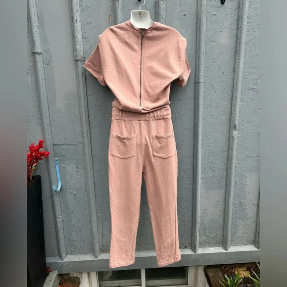 Pistola Clarisse French Terry Shoulder Pleat Jumpsuit in Cameo Pink, size XS - Picture 10 of 14